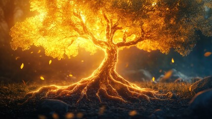 Poster - Radiant 3D tree with bright, glowing leaves and roots, symbolizing life and natural growth.
