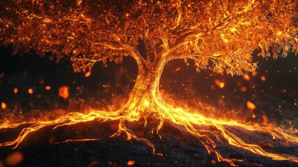 Poster - Radiant 3D tree with bright, glowing leaves and roots, symbolizing life and natural growth.