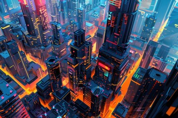 Wall Mural - Futuristic Cityscape with Neon Lights and Geometric Buildings