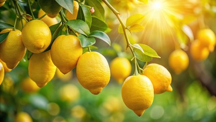 fresh ripe lemons hanging on a lemon tree branch in a sunny garden