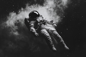 Wall Mural - an astronaut floating in space in black and white photography in blak backgraund