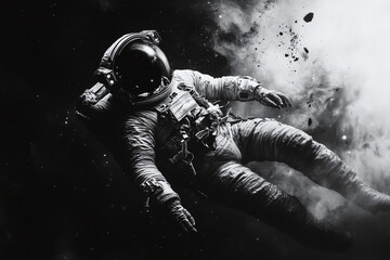 Wall Mural - an astronaut floating in space in black and white photography in blak backgraund