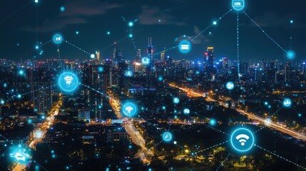 Poster - Smart city and communication network concept. 5G. IoT (Internet of Things). Telecommunication.
