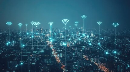 Poster - Smart city and communication network concept. 5G. IoT (Internet of Things). Telecommunication.