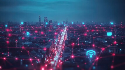 Poster - Smart city and communication network concept. 5G. IoT (Internet of Things). Telecommunication.