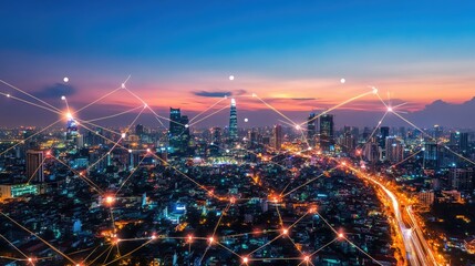 Poster - Smart city and wireless communication network concept. Digital network connection lines of Hanoi city, Vietnam -