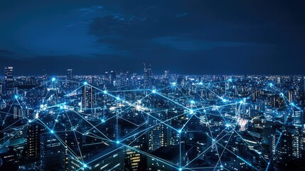 Poster - Smart digital city with connection network reciprocity over the cityscape . Concept of future smart wireless digital city and social media networking systems that connects people within the city .