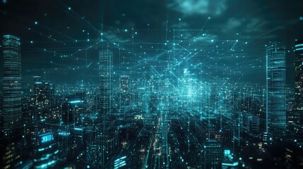 Poster - Smart digital city with globalization abstract graphic showing connection network . Concept of future 5G smart wireless digital city and social media