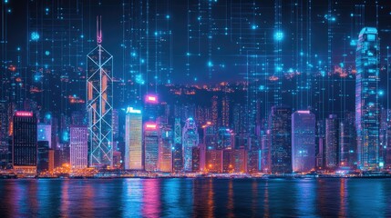 Poster - Smart network and Connection technology concept, Hong Kong digital city background at night in victoria harbour, Cyberpunk color style, Panorama view -