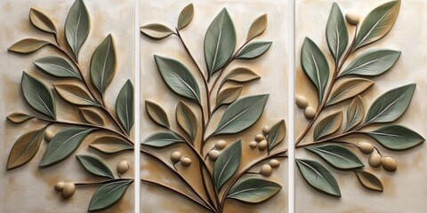 Wall Mural - Set of 3 wall art panels with 3D wall carved art of olive leaves with muted green foliage on a warm sand background, close up, split into three on white background, wall sculpture art style