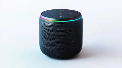 An isolated over white background image of a smart home device such as a voice-activated speaker or smart thermostat with clean and modern design showcasing its sleek appearance