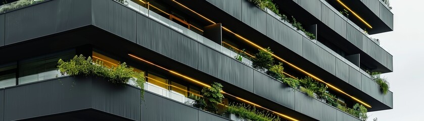 Wall Mural - Eco-friendly building. Sustainable office building with garden on balconies for reducing carbon dioxide. Office building with green environment. Corporate building reduce CO2. Net zero building.