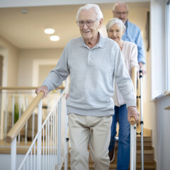 A family adjusting a seniors home environment, installing safety features like handrails, brighter lighting, and non-slip floors to reduce fall risks and ensure a safe living space