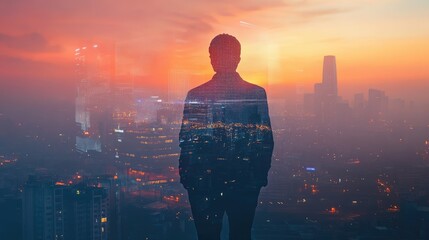 Poster - The double exposure image of the businessman standing back during sunrise overlay with cityscape image. The concept of modern life, business, city life and internet of things.