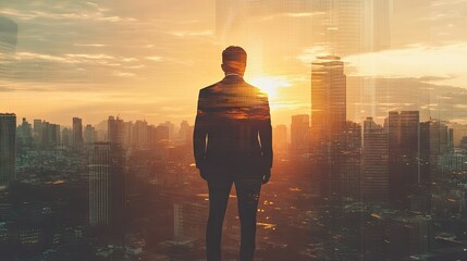 Poster - The double exposure image of the businessman standing back during sunrise overlay with cityscape image. The concept of modern life, business, city life and internet of things.