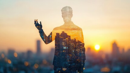 Poster - The double exposure image of the businessmanlift up the hand for handshake or deal during sunrise overlay with cityscape image. The concept of modern life, business, city life and partnership.