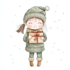 minimalistic watercolor illustration of a cute little girl holding a christmas present in her hands