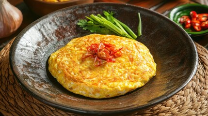 Wall Mural - Indonesian Style Telur Dadar on Rustic Plate with Sambal
