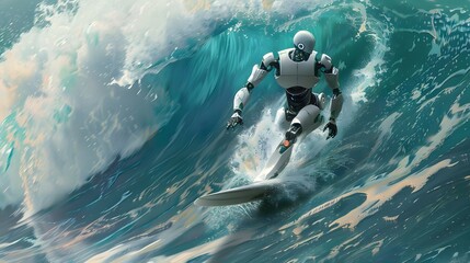 Wall Mural - robot surfer riding wave: a robot surfer maintaining balance and grace while riding a massive wave.