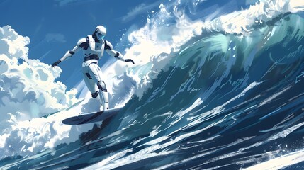 Wall Mural - robot surfer riding wave: a robot surfer maintaining balance and grace while riding a massive wave.
