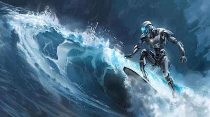 Wall Mural - robot surfer riding wave: a robot surfer maintaining balance and grace while riding a massive wave.