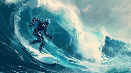 Wall Mural - robot surfer riding wave: a robot surfer maintaining balance and grace while riding a massive wave.