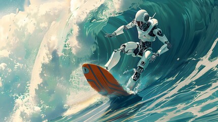 Wall Mural - robot surfer riding wave: a robot surfer maintaining balance and grace while riding a massive wave.