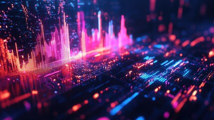Poster - Vibrant 3D financial graph with abstract shapes and glowing elements illustrating data points. -