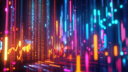 Poster - Vibrant 3D financial graph with abstract shapes and glowing elements illustrating data points. -