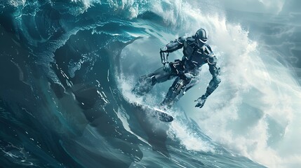 Wall Mural - robot surfer riding wave: a robot surfer maintaining balance and grace while riding a massive wave.