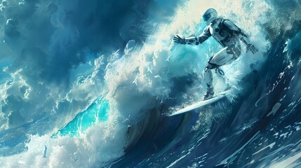 Wall Mural - robot surfer riding wave: a robot surfer maintaining balance and grace while riding a massive wave.