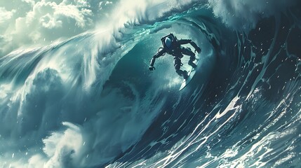 Wall Mural - robot surfer riding wave: a robot surfer maintaining balance and grace while riding a massive wave.