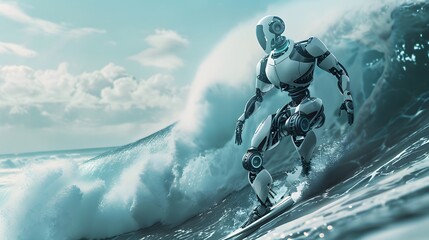 Wall Mural - robot surfer riding wave: a robot surfer maintaining balance and grace while riding a massive wave.