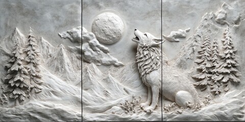 Set of 3 wall art panels with 3D wall carved art of a noble wolf howling at the moon with pine trees and snowy mountains in the background on a twilight grey background, close up, split into three