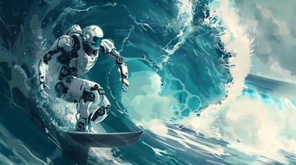 Wall Mural - robot surfer riding wave: a robot surfer maintaining balance and grace while riding a massive wave.