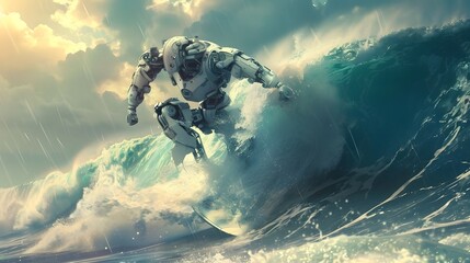 Wall Mural - robot surfer riding wave: a robot surfer maintaining balance and grace while riding a massive wave.