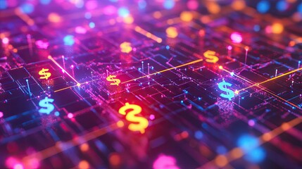 Poster - Vibrant 3D rendering of a financial network with interconnected, glowing currency symbols.