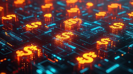 Poster - Vibrant 3D rendering of a financial network with interconnected, glowing currency symbols.