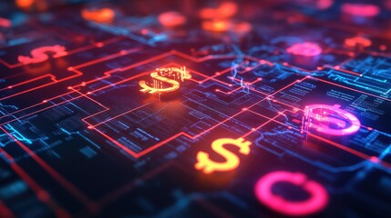 Poster - Vibrant 3D rendering of a financial network with interconnected, glowing currency symbols.