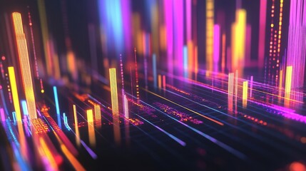 Poster - Vibrant abstract 3D financial graph with geometric shapes and glowing data trends.