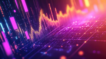 Poster - Vibrant abstract 3D financial graph with geometric shapes and glowing data trends.