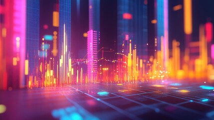 Poster - Vibrant abstract 3D financial graph with geometric shapes and glowing data trends.