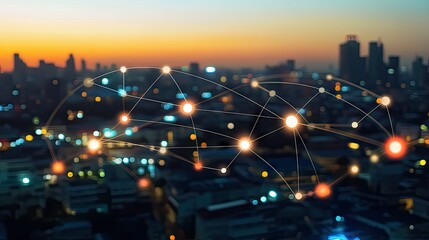 Poster - Wireless network, Connection technology concept, Information communication network, abstract line connection on night city background