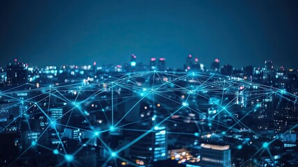 Poster - Wireless network, Connection technology concept, Information communication network, abstract line connection on night city background -