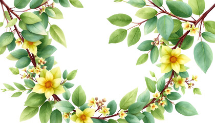 Green watercolor wreath. Composition of fresh summer foliage and tree branches isolated with white highlights, png