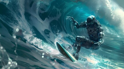 Wall Mural - robot surfer riding wave: a robot surfer maintaining balance and grace while riding a massive wave.