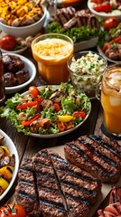 Sticker - Grilled meat and vegetables with salad and drinks on a wooden table.