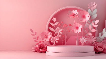 3D Pastel Pink Podium Suitable for Skincare Cosmetic Product Display Decorated with Flowers