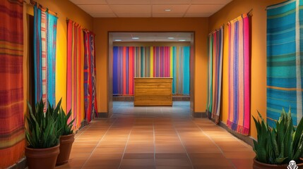 Colorful Mexican serape pattern hallway with traditional striped textiles and potted plants creating a vibrant cultural decor