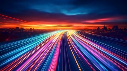 Highway Colorful Light Trails, Digital Marketing Speed Movement, Dark Blue Background, Orange-Toned Sunset Sky